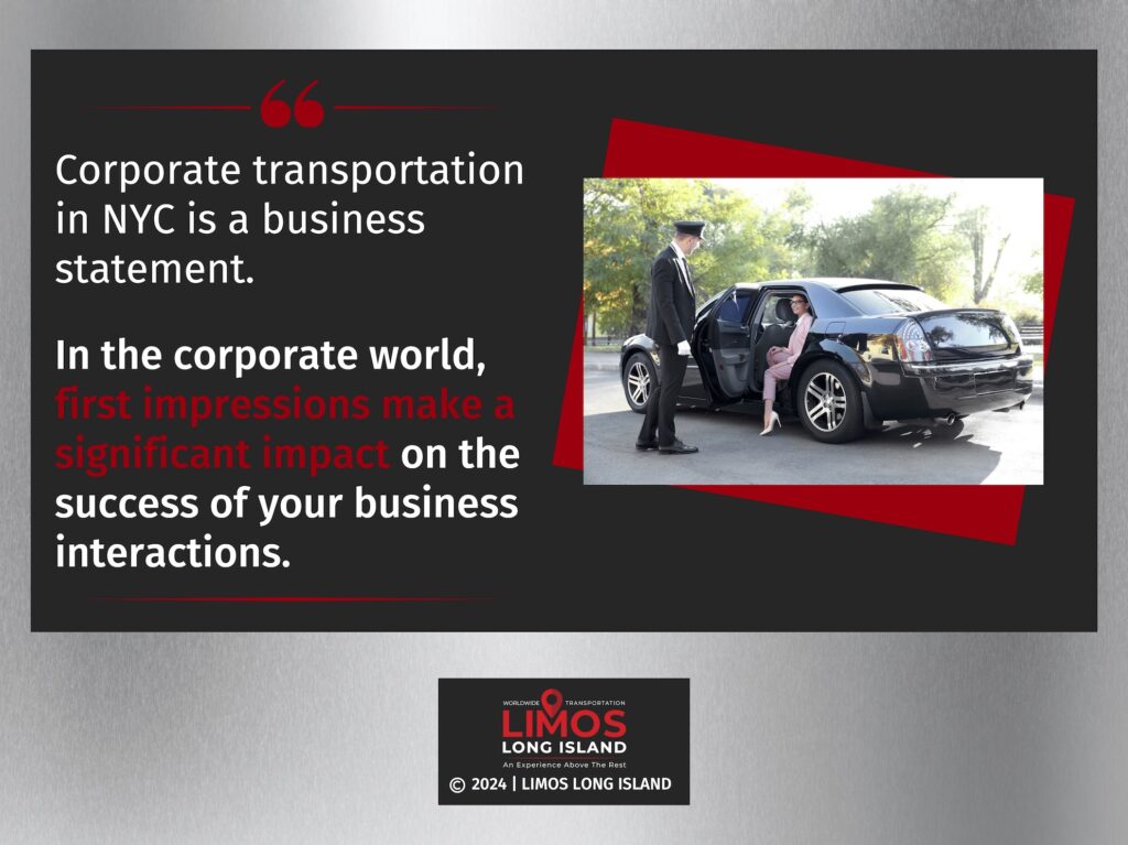 Graphic of a corporate black car service in NYC, showcasing a chauffeur opening the car door for a businesswoman.
