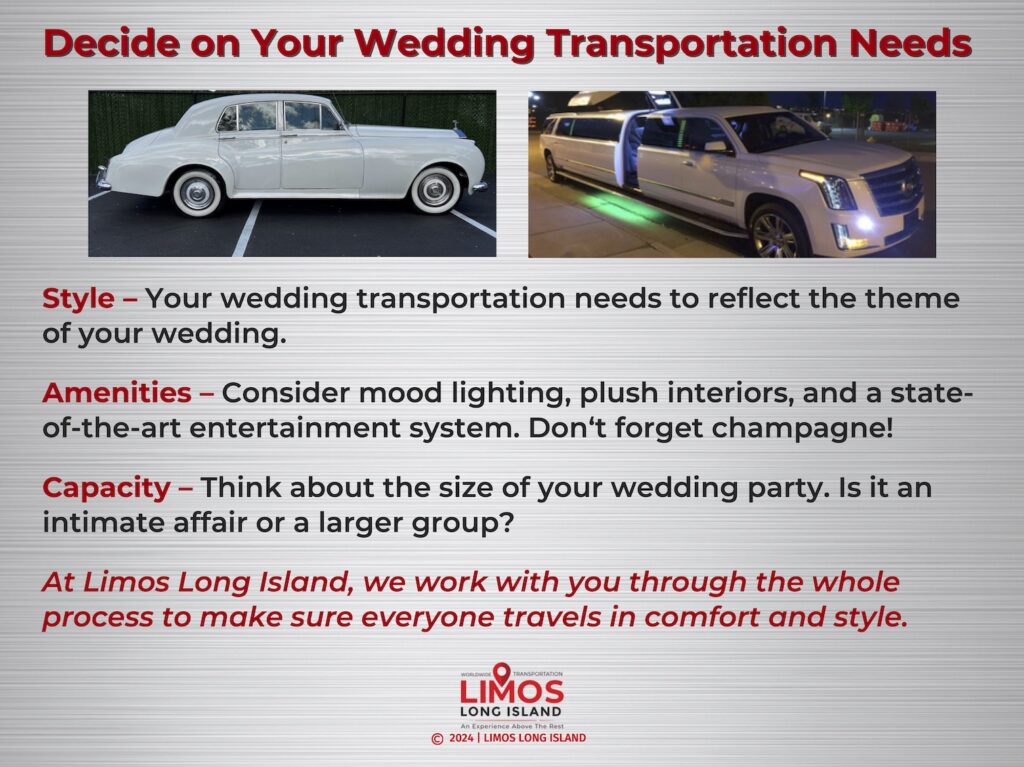 Graphic illustrates two wedding limousines and details essential wedding transportation needs.