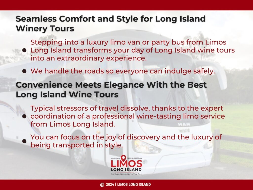 Party bus at a vineyard on Long Island, promoting the wine tours offered by Limos Long Island. Text highlights details.