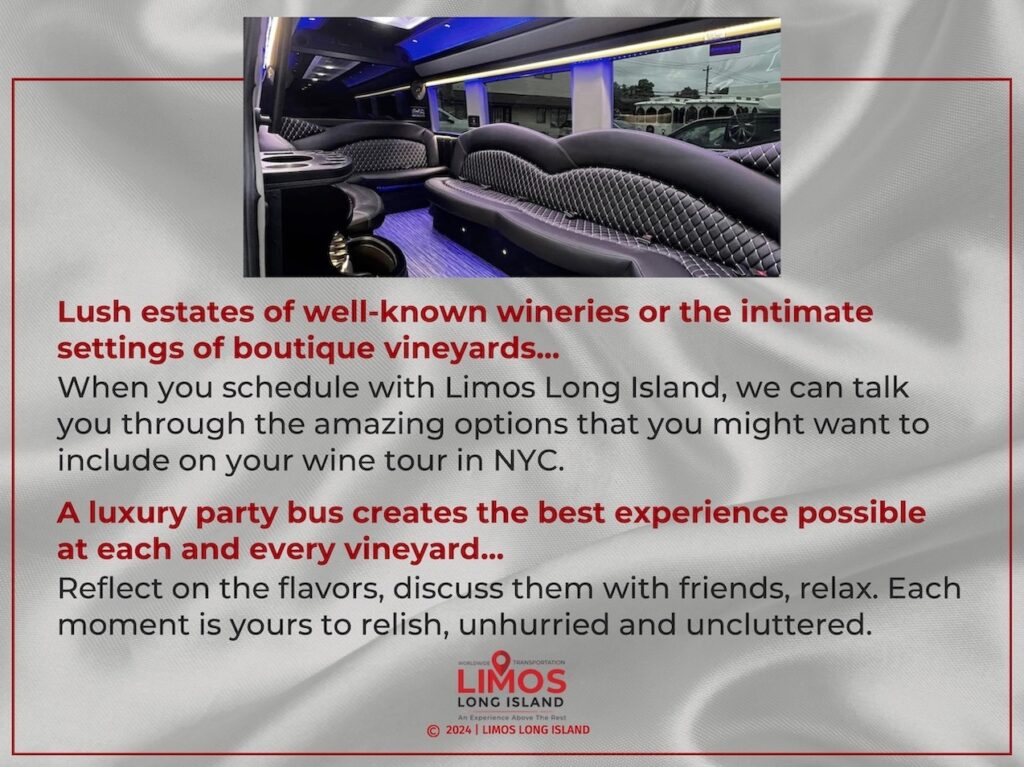 Interior of a luxury party bus with leather seats and blue ambient lighting from Limos Long Island, ideal for wine tours.