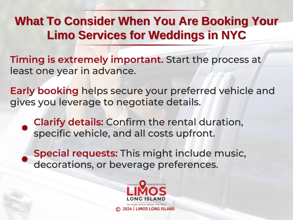 The graphic highlights key essentials to consider before booking limo services for weddings in NYC.