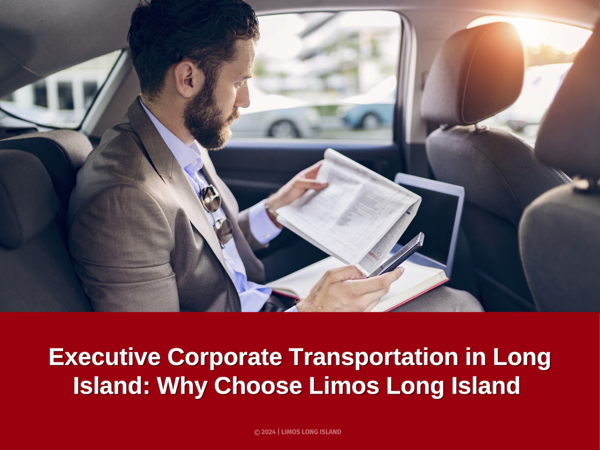 Confident man in full suit reading papers and using smart phone while sitting in the limo on the back seat with cityscape in the background. Transport, business trip, paperwork, people concept.