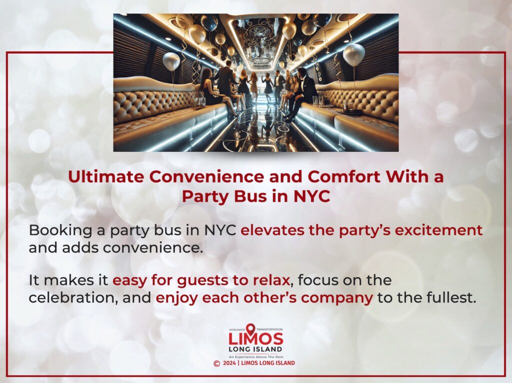 People attending elegant party on luxury party bus. Adobe Stock image - Generated with AI. And the text about party bus in nyc.