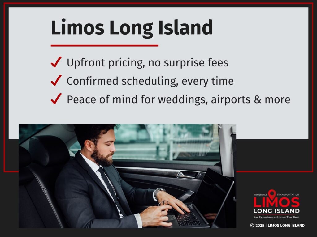 A businessman in a suit is working on his laptop while sitting in the backseat of a luxury car.