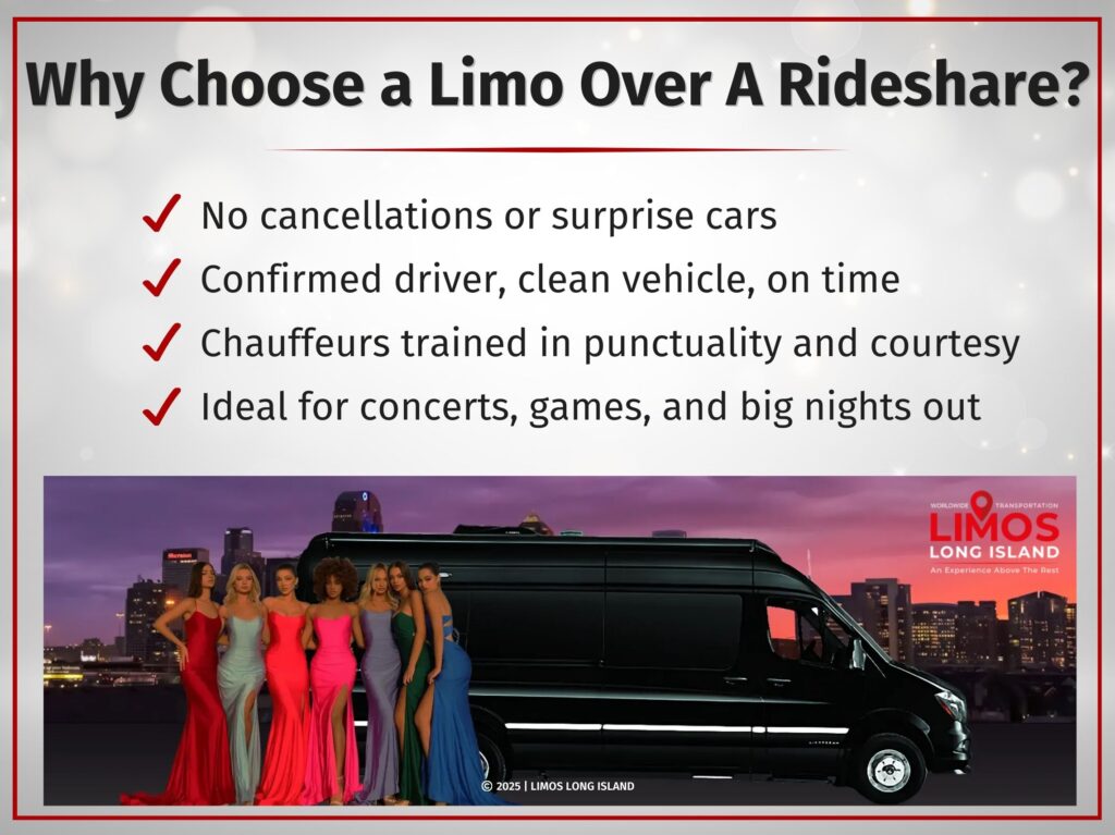 A group of six women in elegant, colorful evening gowns pose together in front of a black luxury van with a city skyline at sunset in the background.