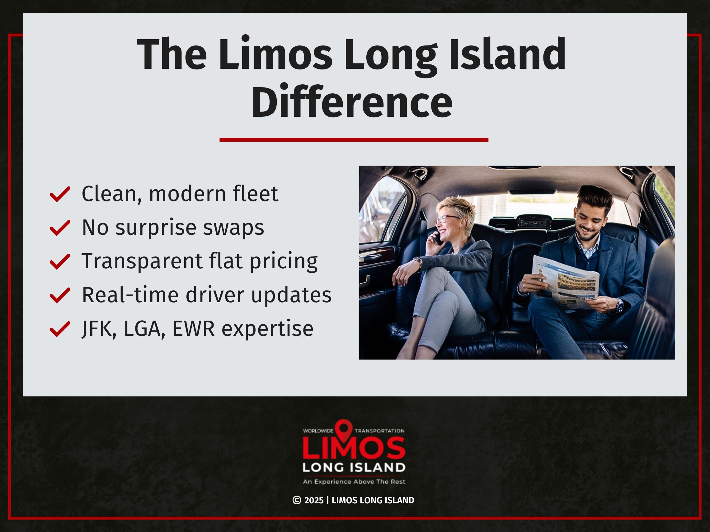 Two business professionals relaxing in the back of a limousine, with the woman talking on her phone and the man reading a newspaper.