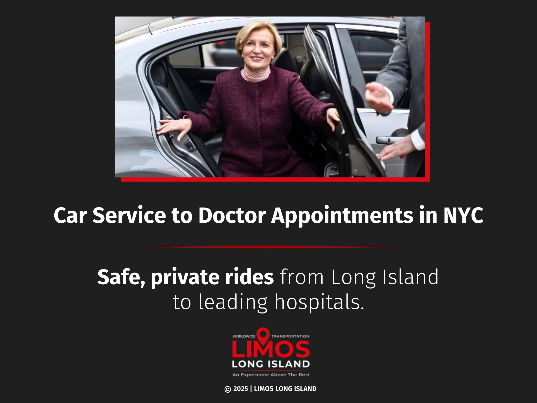 A chauffeur helping an elderly woman with a walker step out of a black vehicle.