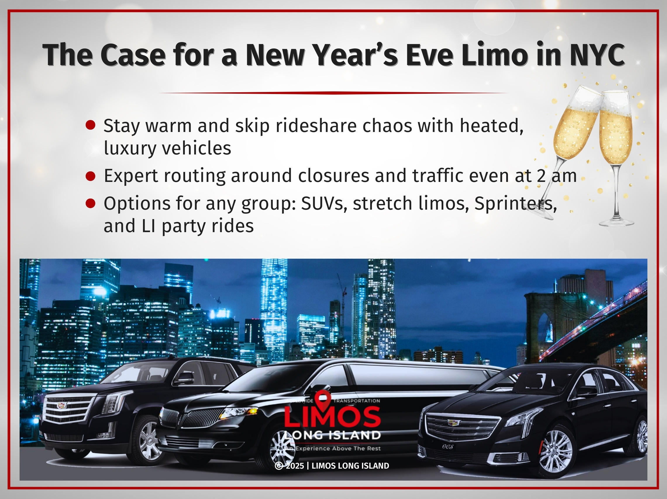 CO1_A lineup of black luxury vehicles is shown against a city skyline at night.
