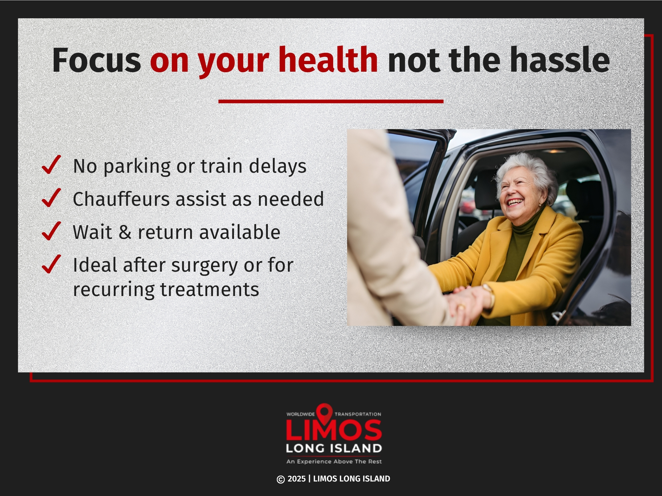 A cheerful elderly woman stepping out of a car with someone offering her assistance.