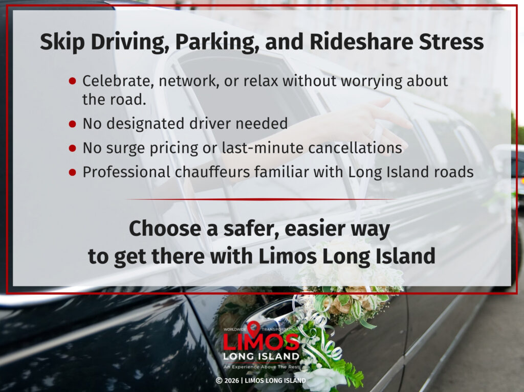 A limousine and a passenger inside holding a bouquet.