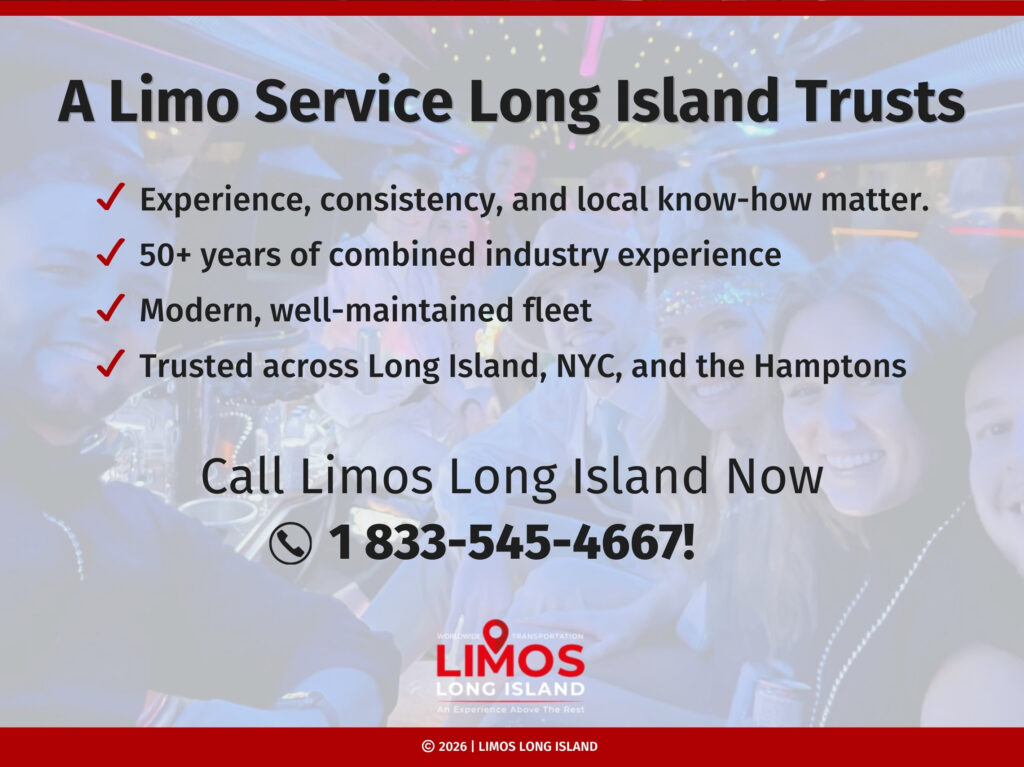 A group of smiling people pose together inside a luxury limousine with colorful party lighting.