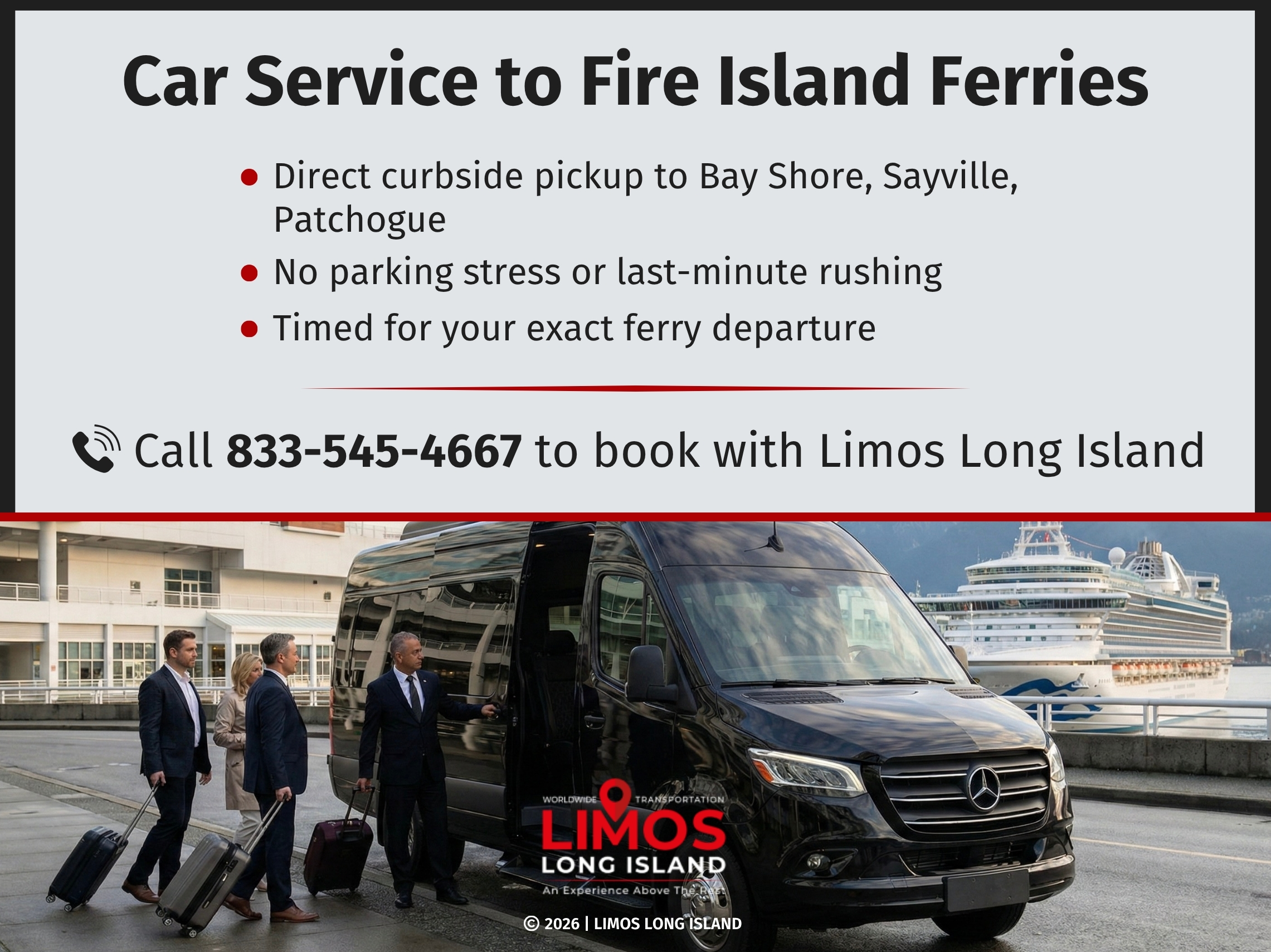 A group of well-dressed travelers with luggage approach a black van parked near a waterfront with a large ferry ship in the background.