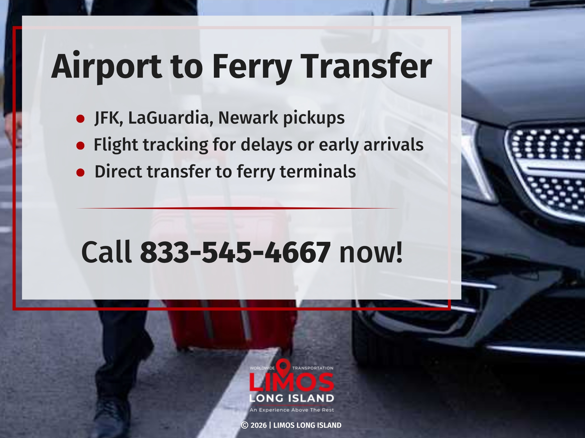 A traveler pulls a red suitcase beside a sleek black car parked on a roadway.