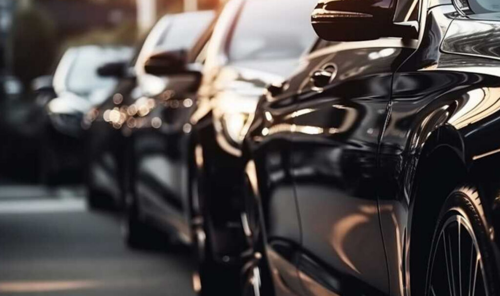 Featured_A row of sleek black luxury cars is parked closely together along a street.