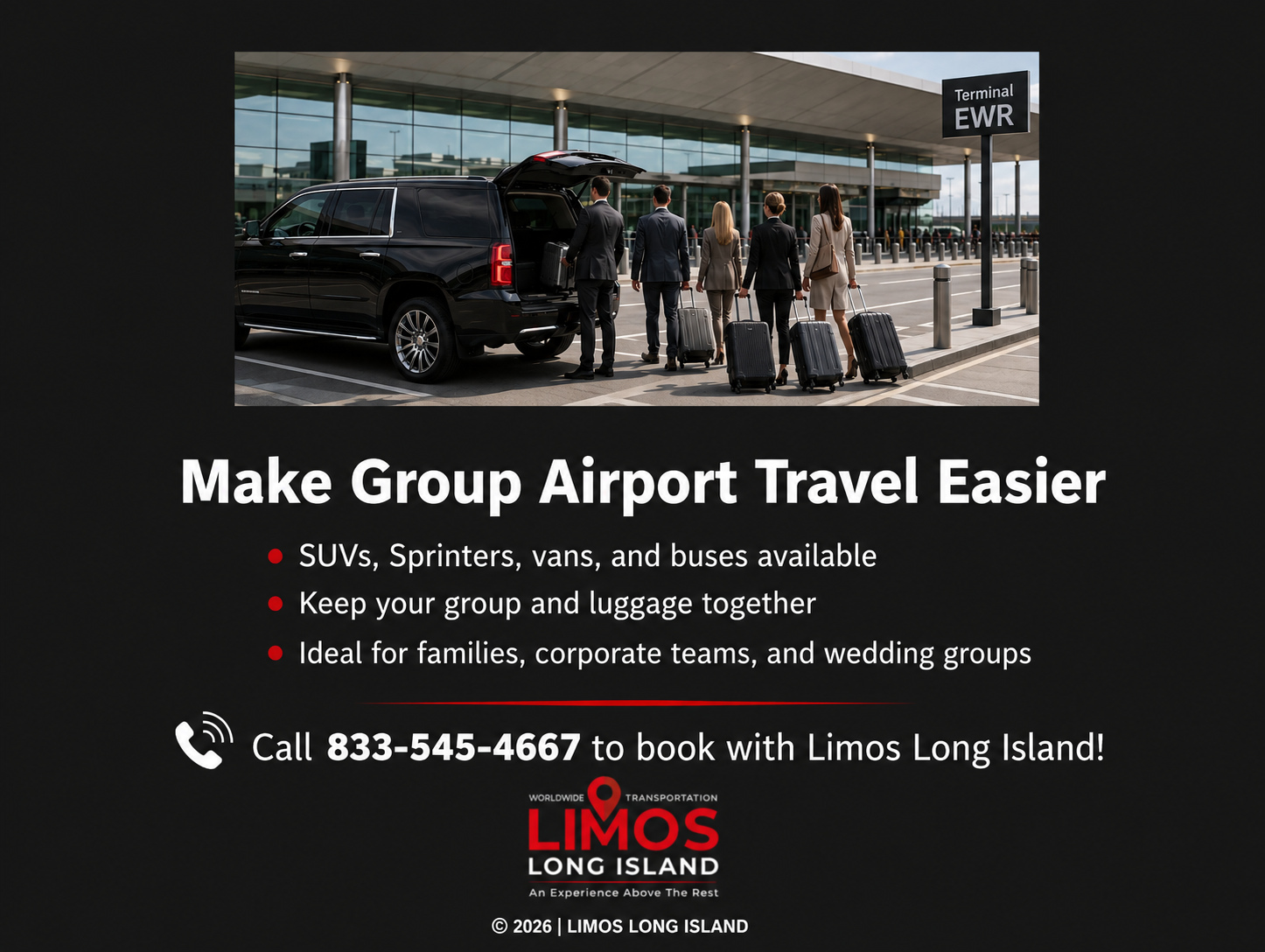 A group of business and leisure travelers with luggage walks beside a black SUV at the airport terminal.
