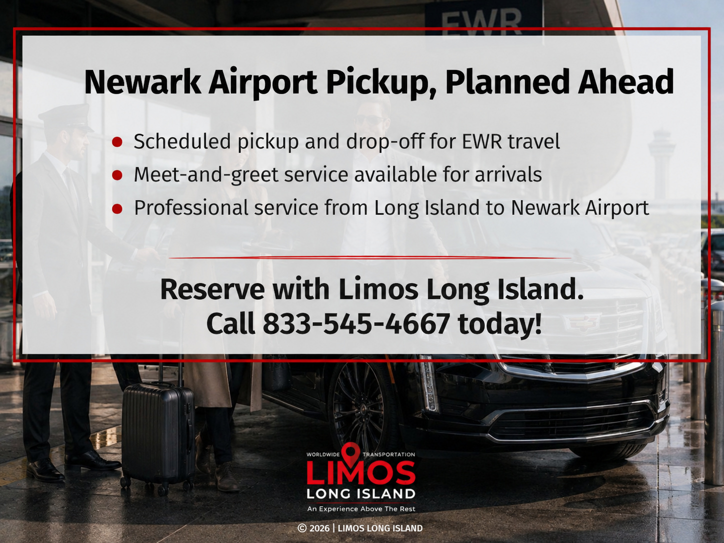 A chauffeur assists arriving passengers with luggage beside a luxury black SUV at Newark Airport.