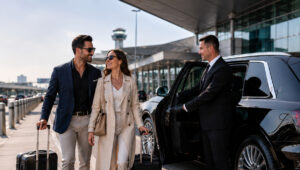 A stylish couple with luggage is greeted by a chauffeur beside a black luxury SUV outside an airport terminal.